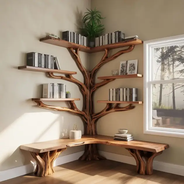 Corner Tree Bookshelf - Rustic Live Edge Solid Wood Bookcase for Kids, Handmade Natural Decor