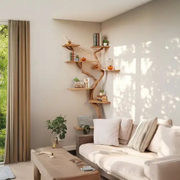 Handmade Tree Branch Wall Bookshelf with Leaves - Decorative Floating Shelf
