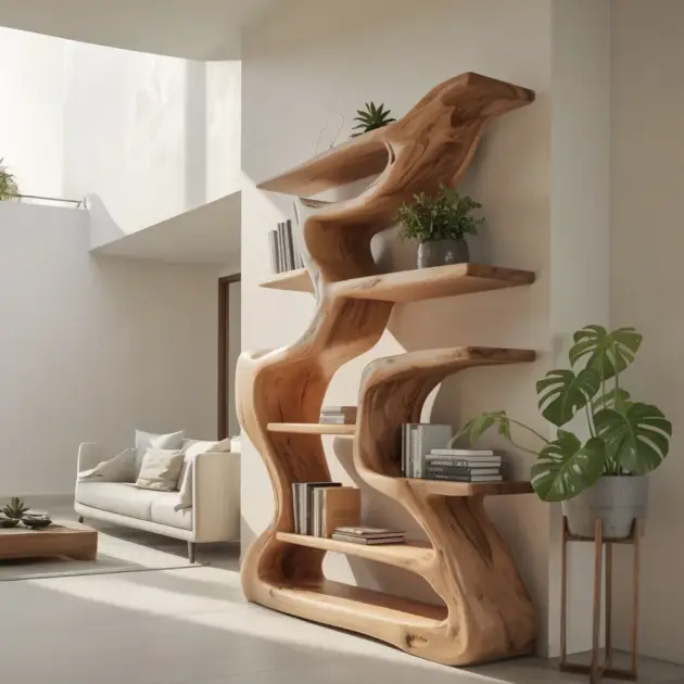 Artistic Wooden Bookshelf – Handcrafted Sculptural Curved Shelf for Modern Home Decor