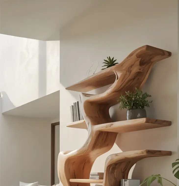 Artistic Wooden Bookshelf – Handcrafted Sculptural Curved Shelf for Modern Home Decor - Image 3