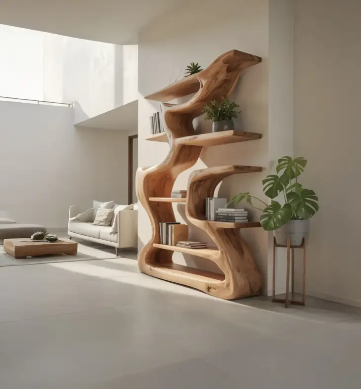 Artistic Wooden Bookshelf – Handcrafted Sculptural Curved Shelf for Modern Home Decor - Image 4