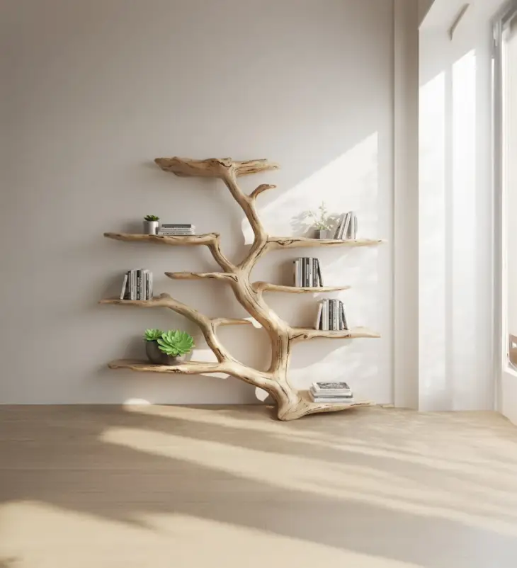 Handmade Tree Bookshelf – Live Edge Wooden Bookcase, Rustic Natural Wood Wall Decor - Image 4