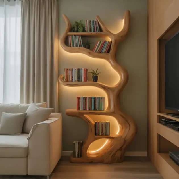 Rustic Live Edge Wooden Tree Bookshelf – Custom Wall Mounted Floating Shelf