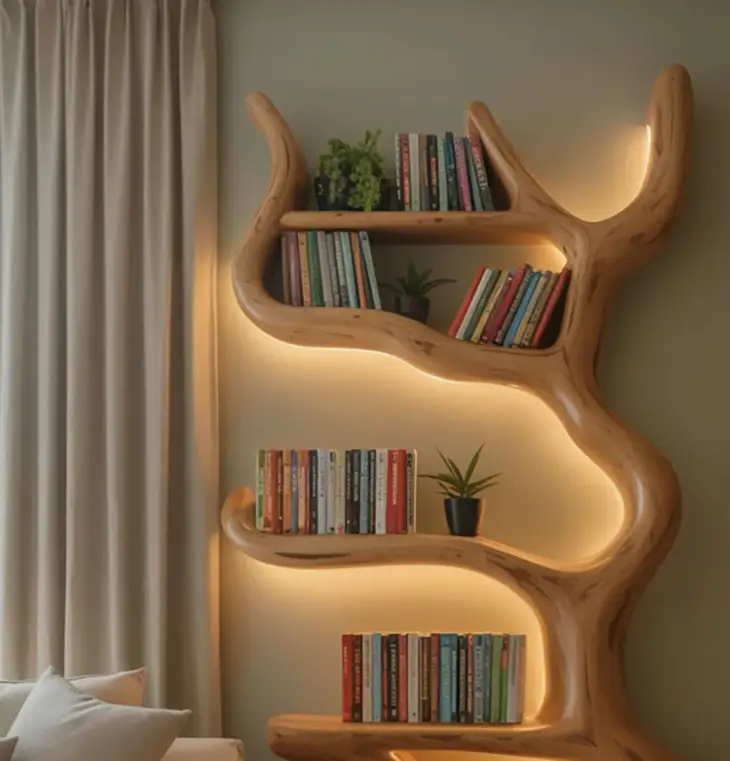 Rustic Live Edge Wooden Tree Bookshelf – Custom Wall Mounted Floating Shelf - Image 2