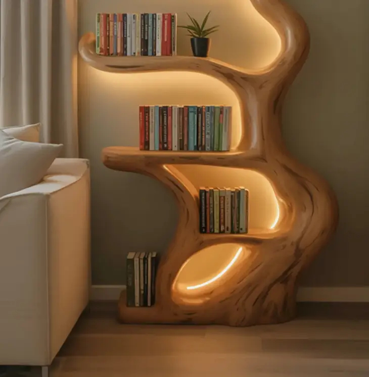 Rustic Live Edge Wooden Tree Bookshelf – Custom Wall Mounted Floating Shelf - Image 3